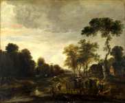 Aert van der Neer - An Evening Landscape with a Horse and Cart by a Stream